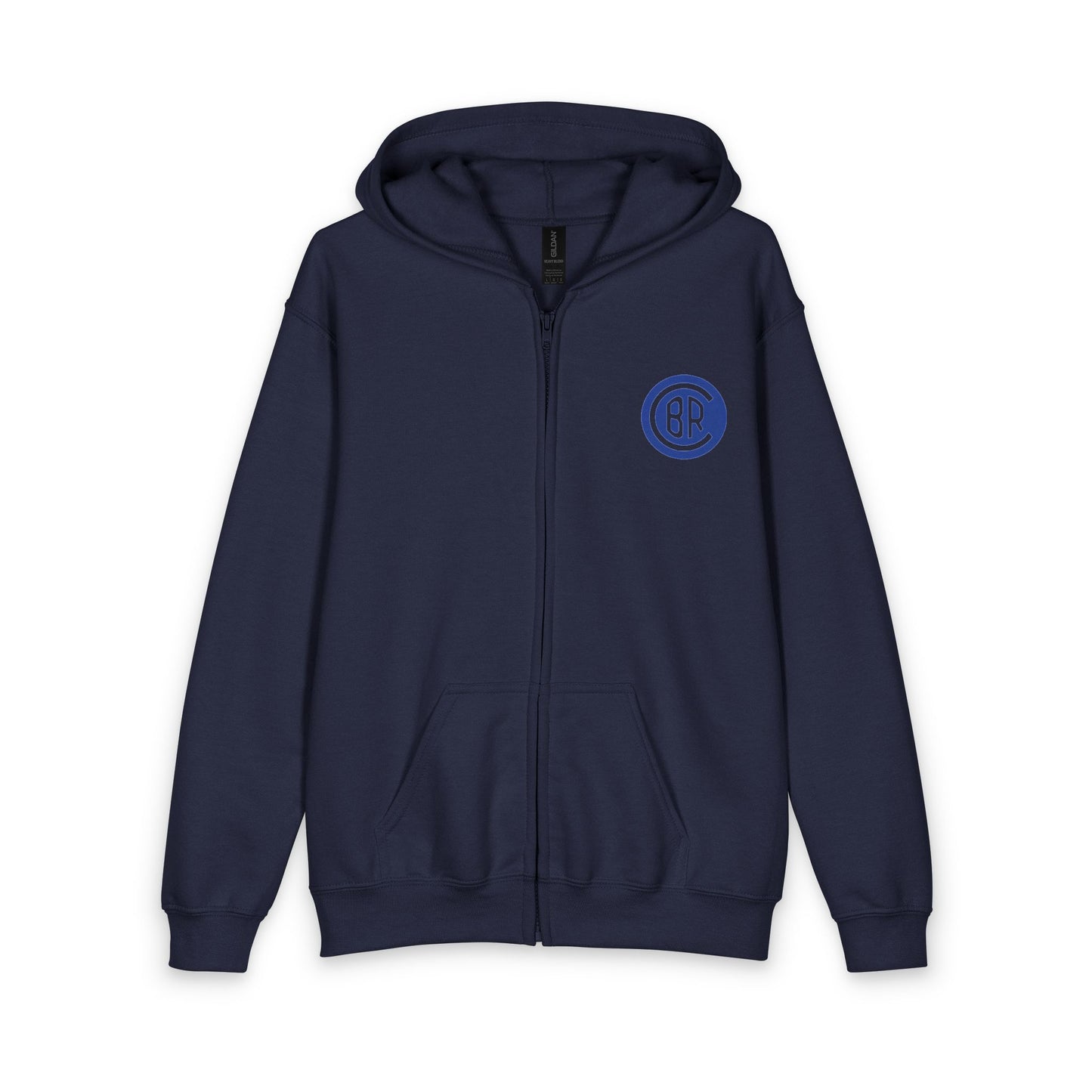 Youth Zip Hoodie with Blue Circular Logo — Kids Black Full‑Zip Hooded Sweatshirt