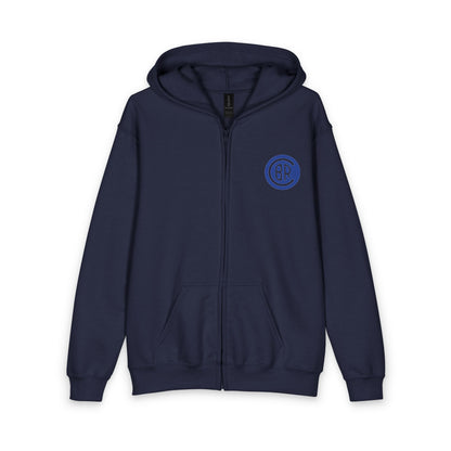 Youth Zip Hoodie with Blue Circular Logo — Kids Black Full‑Zip Hooded Sweatshirt