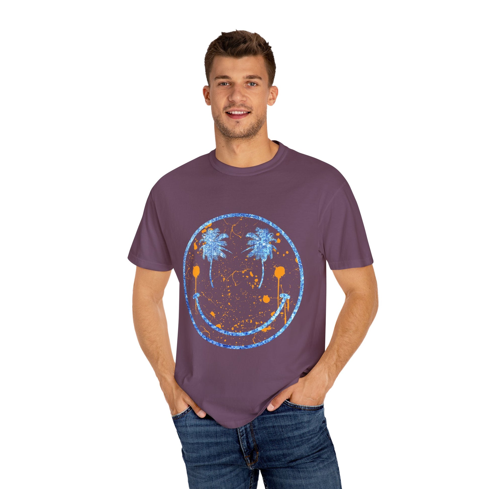 "Embrace summer vibes with our 90s Aesthetic Happy Face Paint Splatter Shirt, featuring a nostalgic design with palm tree eyes. This trendy unisex cotton tee is perfect for beach days, music festivals, and pool parties. Made from soft-washed ring-spun cotton, it offers a comfortable and relaxed fit, ideal for all-day wear. Get ready to shine in this retro-inspired shirt, designed for men, women, and teens!