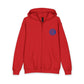Youth Zip Hoodie with Blue Circular Logo — Kids Black Full‑Zip Hooded Sweatshirt