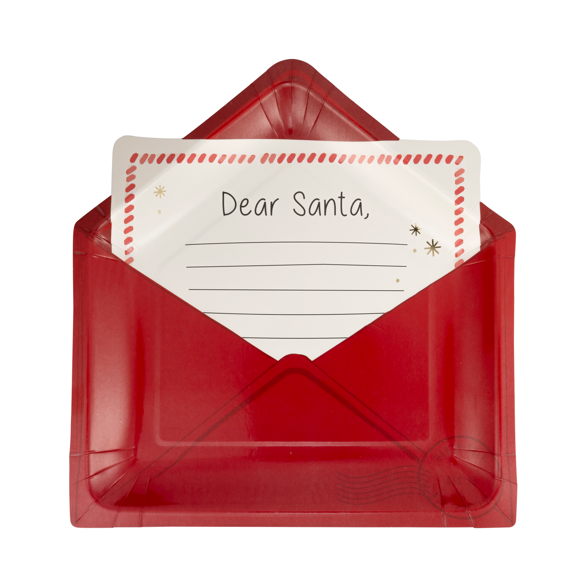 Whimsical "Dear Santa" paper plates for holiday meals. Shaped like a letter to Santa in an envelope, perfect for kids and adults. Includes 8 plates (9.5" x 9"), ideal for festive gatherings. Santa-approved design for a fun, memorable table setting.