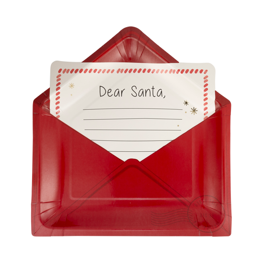 Whimsical "Dear Santa" paper plates for holiday meals. Shaped like a letter to Santa in an envelope, perfect for kids and adults. Includes 8 plates (9.5" x 9"), ideal for festive gatherings. Santa-approved design for a fun, memorable table setting.
