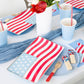 Red, white, and blue patriotic dinner plates with silver accents for 4th of July.