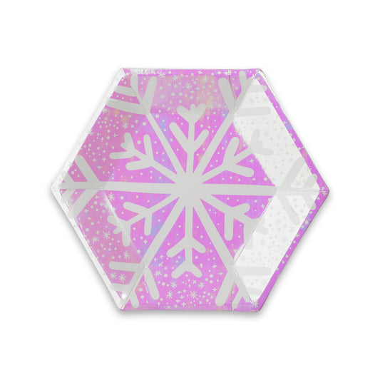 Iridescent snowflake paper plates, perfect for Frozen and winter parties