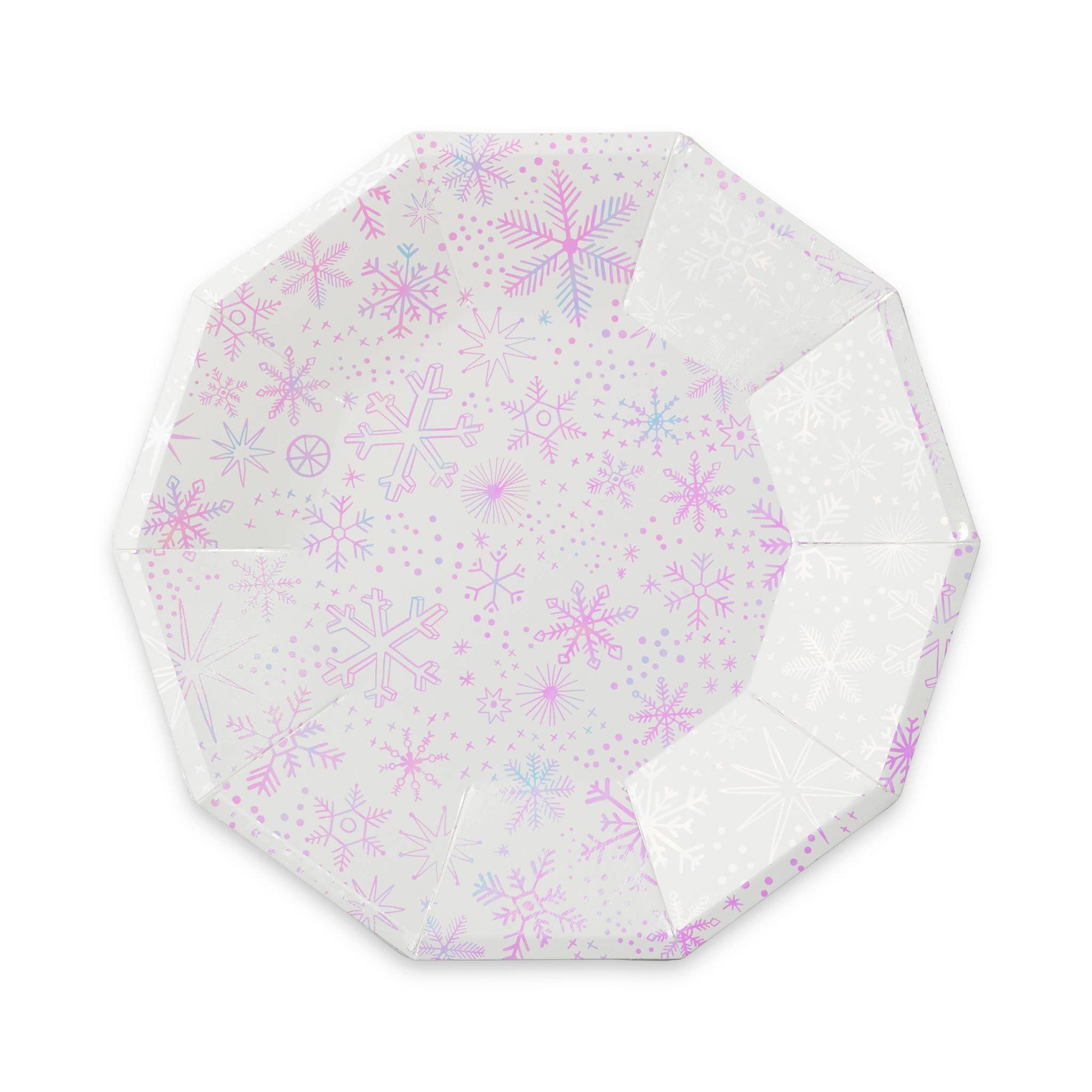Snowflake paper plates with iridescent foil, pack of 8, perfect for winter parties