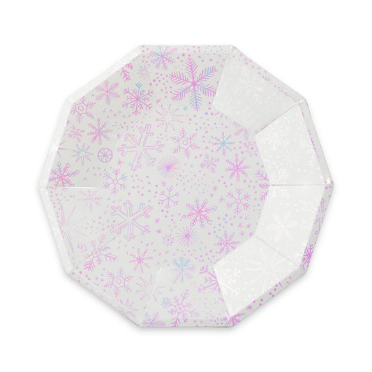 Snowflake paper plates with iridescent foil, pack of 8, perfect for winter parties