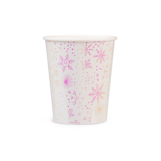 Iridescent snowflake paper cups, pack of 8, perfect for winter and Frozen parties