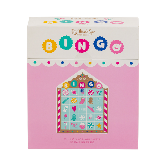 Festive Gingerbread Bingo Game for kids, featuring 15 unique 7x8 bingo sheets, 32 calling chipboard cards, and storage board. Perfect Christmas party activity, holiday fun, and seasonal entertainment for families. Great for kids' holiday celebrations!