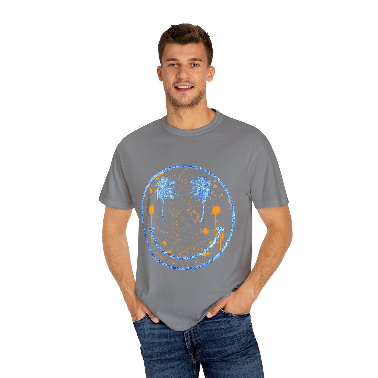 "Embrace summer vibes with our 90s Aesthetic Happy Face Paint Splatter Shirt, featuring a nostalgic design with palm tree eyes. This trendy unisex cotton tee is perfect for beach days, music festivals, and pool parties. Made from soft-washed ring-spun cotton, it offers a comfortable and relaxed fit, ideal for all-day wear. Get ready to shine in this retro-inspired shirt, designed for men, women, and teens!