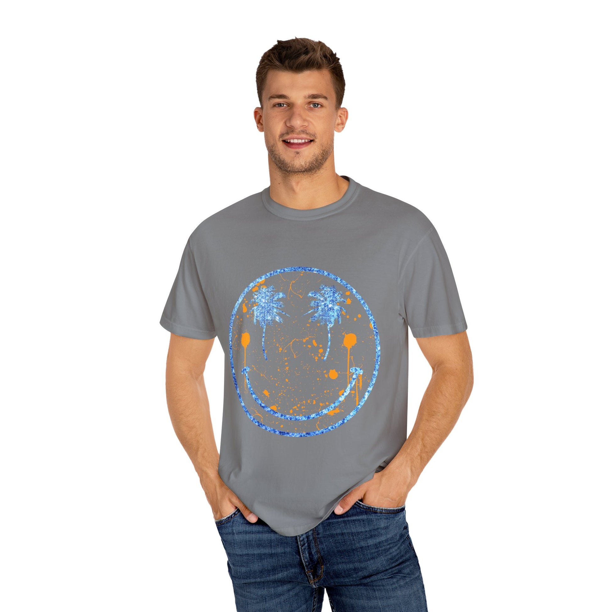 "Embrace summer vibes with our 90s Aesthetic Happy Face Paint Splatter Shirt, featuring a nostalgic design with palm tree eyes. This trendy unisex cotton tee is perfect for beach days, music festivals, and pool parties. Made from soft-washed ring-spun cotton, it offers a comfortable and relaxed fit, ideal for all-day wear. Get ready to shine in this retro-inspired shirt, designed for men, women, and teens!