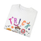 Trick or Treat Cowboy Ghost shirt featuring a playful cowboy ghost design and melty font. Available in unisex sizes S-3XL, this ultra-soft, garment-dyed 100% ring-spun cotton t-shirt is perfect for Halloween celebrations for adults and teens.