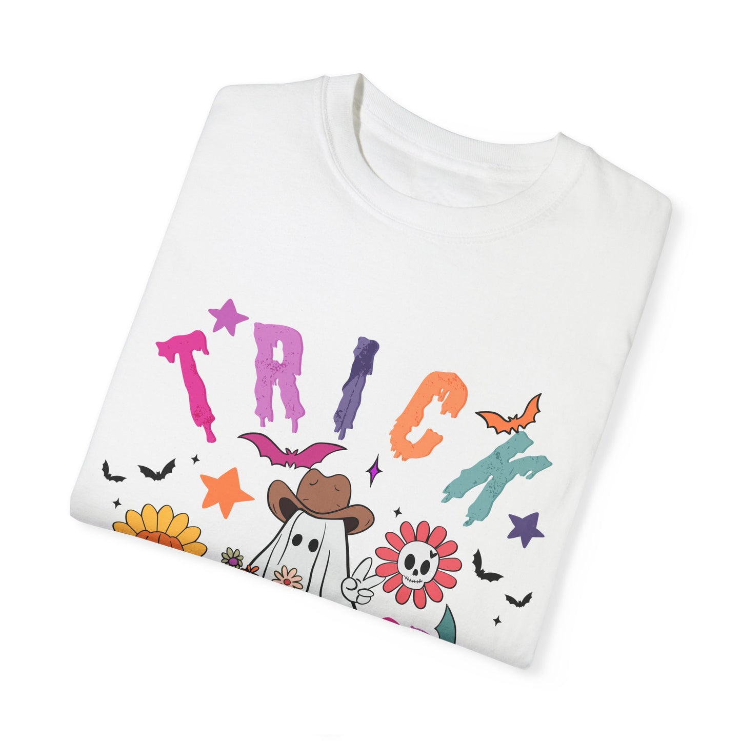 Trick or Treat Cowboy Ghost shirt featuring a playful cowboy ghost design and melty font. Available in unisex sizes S-3XL, this ultra-soft, garment-dyed 100% ring-spun cotton t-shirt is perfect for Halloween celebrations for adults and teens.