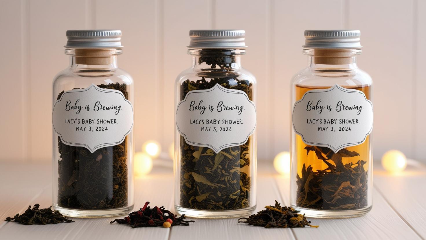 Tea party favors – personalized ‘Let Love Brew’ acrylic bottles with loose tea for showers