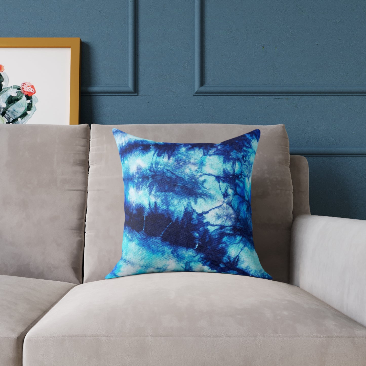 Blue Tie Dye Square Poly Canvas Pillow with a playful design, perfect for adding a pop of color to any room. Ideal for lounging or snuggling, this eye-catching pillow enhances your home decor while reflecting your unique style.
