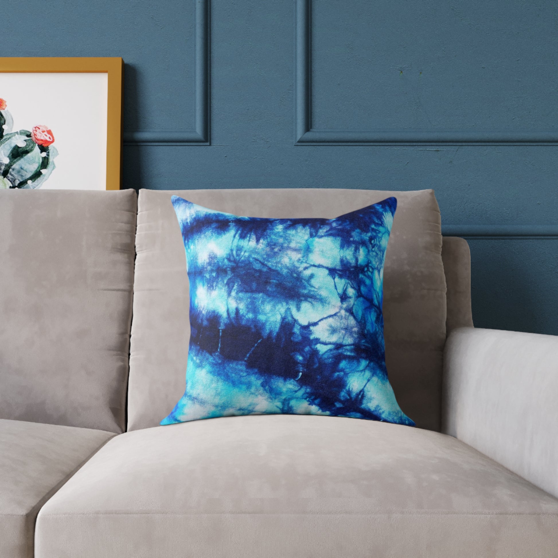 Blue Tie Dye Square Poly Canvas Pillow with a playful design, perfect for adding a pop of color to any room. Ideal for lounging or snuggling, this eye-catching pillow enhances your home decor while reflecting your unique style.