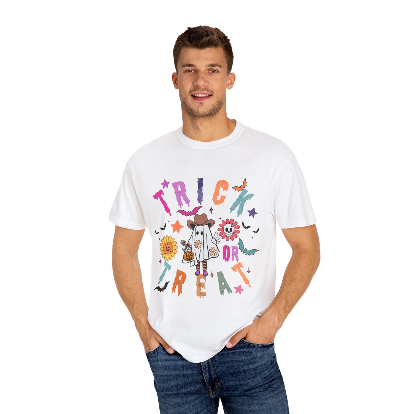Trick or Treat Cowboy Ghost shirt featuring a playful cowboy ghost design and melty font. Available in unisex sizes S-3XL, this ultra-soft, garment-dyed 100% ring-spun cotton t-shirt is perfect for Halloween celebrations for adults and teens.