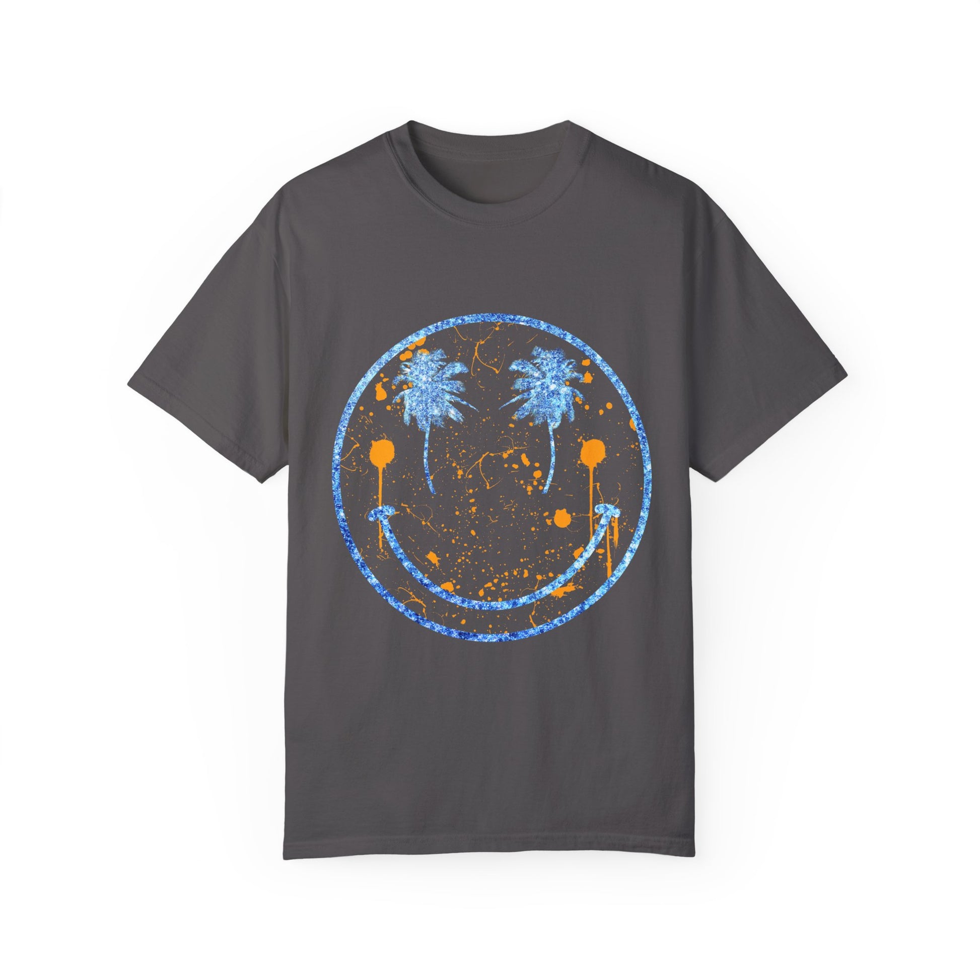 "Embrace summer vibes with our 90s Aesthetic Happy Face Paint Splatter Shirt, featuring a nostalgic design with palm tree eyes. This trendy unisex cotton tee is perfect for beach days, music festivals, and pool parties. Made from soft-washed ring-spun cotton, it offers a comfortable and relaxed fit, ideal for all-day wear. Get ready to shine in this retro-inspired shirt, designed for men, women, and teens!