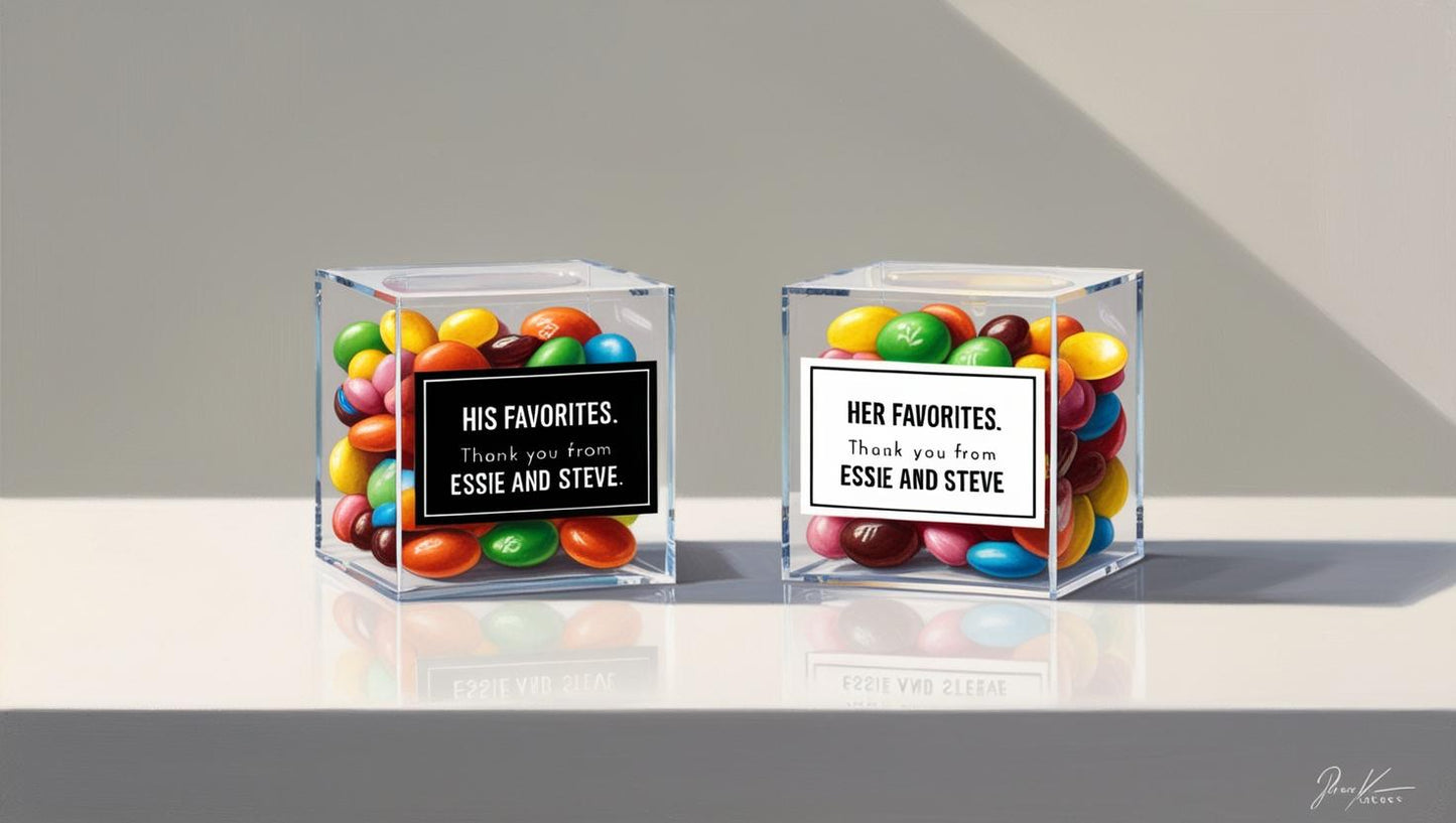 Acrylic candy favor box with themed tag and your choice of gummies or chocolates.