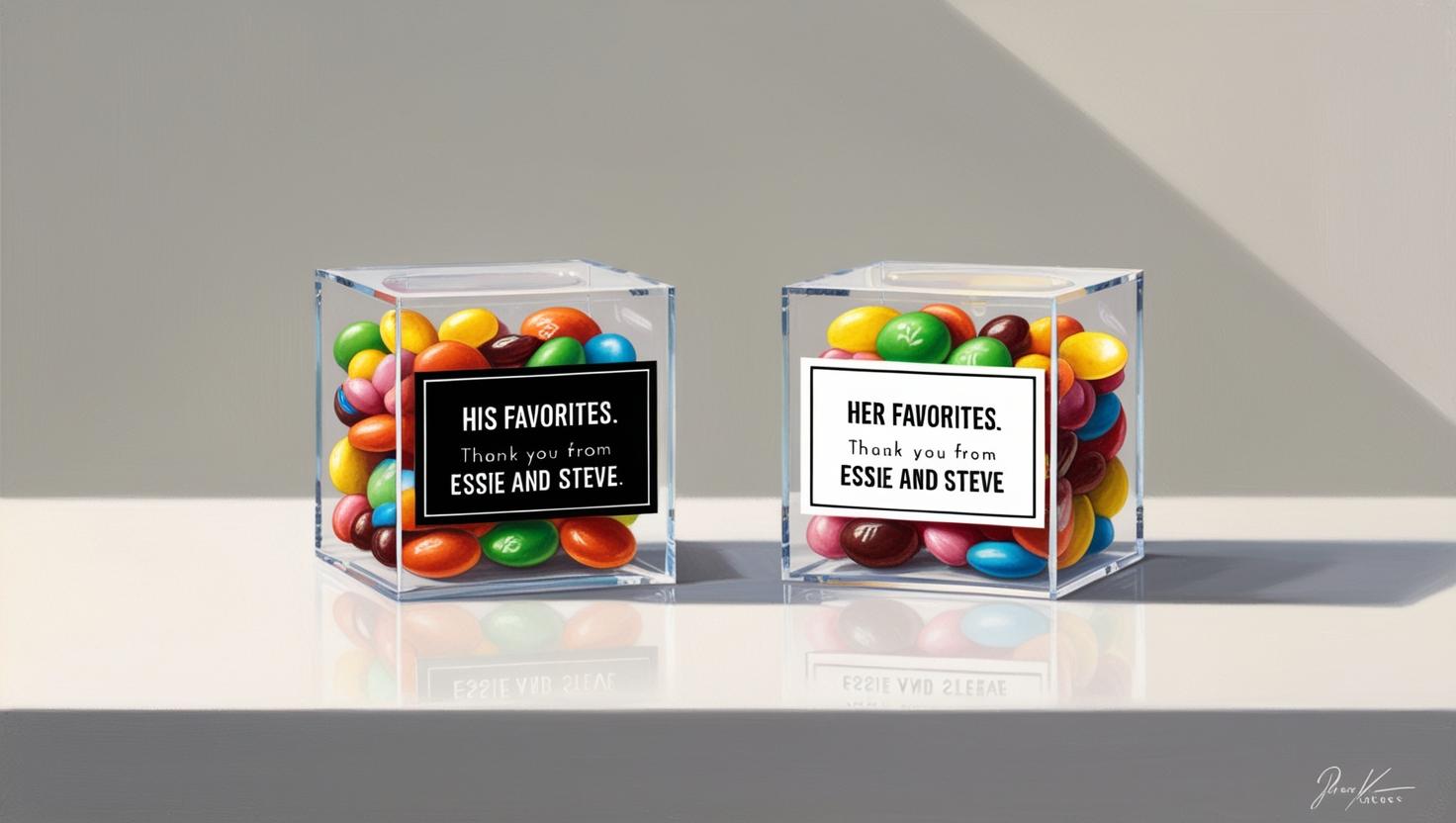 Acrylic candy favor box with themed tag and your choice of gummies or chocolates.