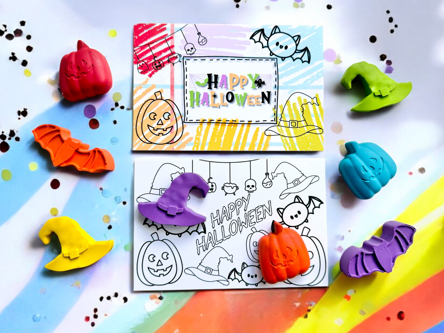 Halloween Crayon Party Favor Pack with 100% Non-Toxic Themed Shaped Crayons, Includes 'Happy Halloween' Card and Themed Coloring Card, Perfect for Trick or Treaters and Class Gifts.