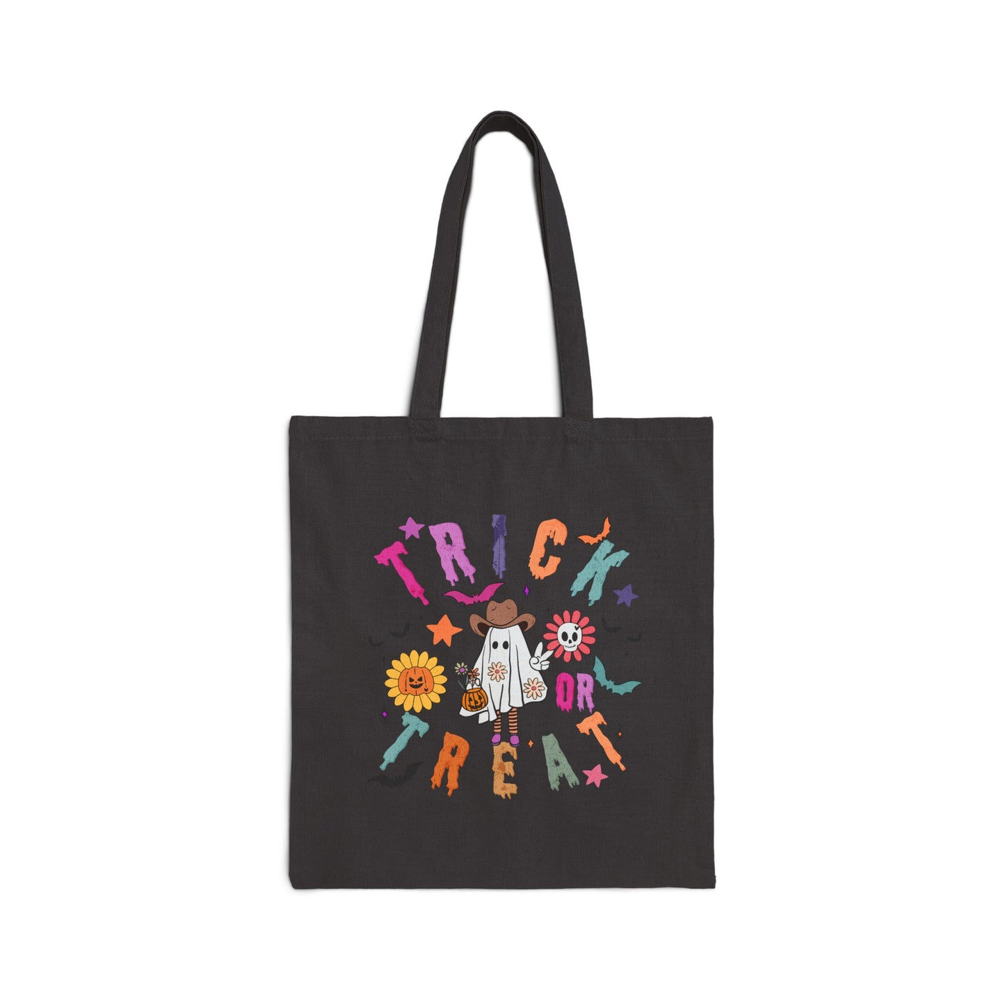 Halloween Cowboy Ghost Trick or Treating bag made from durable natural canvas, featuring a colorful ghost design. This 15" x 16" tote with 20" handles is perfect for kids, teachers, and Halloween lovers to collect candy, carry books, or use as a festive fall bag.