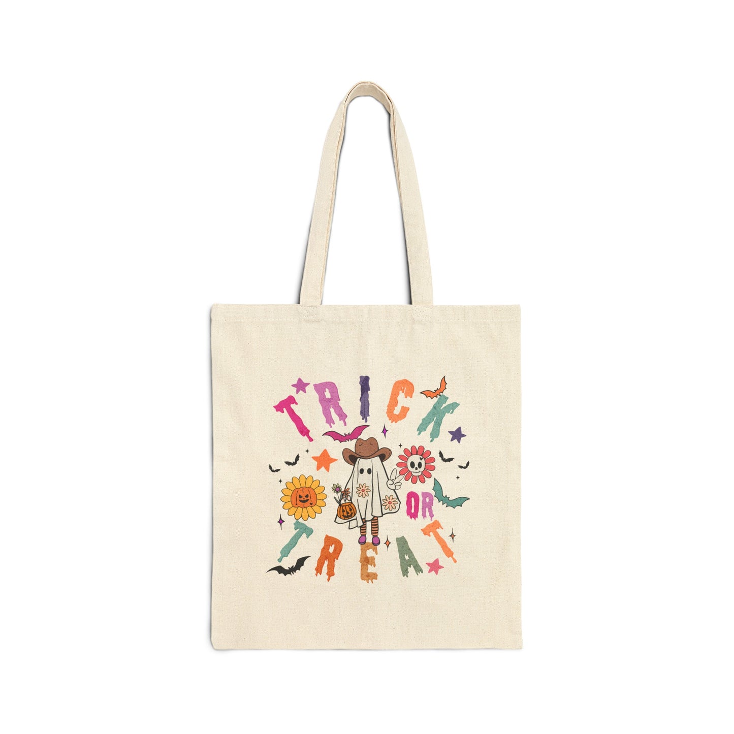 Halloween Cowboy Ghost Trick or Treating bag made from durable natural canvas, featuring a colorful ghost design. This 15" x 16" tote with 20" handles is perfect for kids, teachers, and Halloween lovers to collect candy, carry books, or use as a festive fall bag.