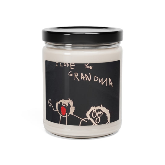 Customizable 9oz scented candle in a glass jar, made with 100% natural soy wax blend and featuring a 100% cotton wick. The candle includes a glossy permanent adhesive label for personalized artwork, available in various aromatic scents and has a burn time of 50-60 hours