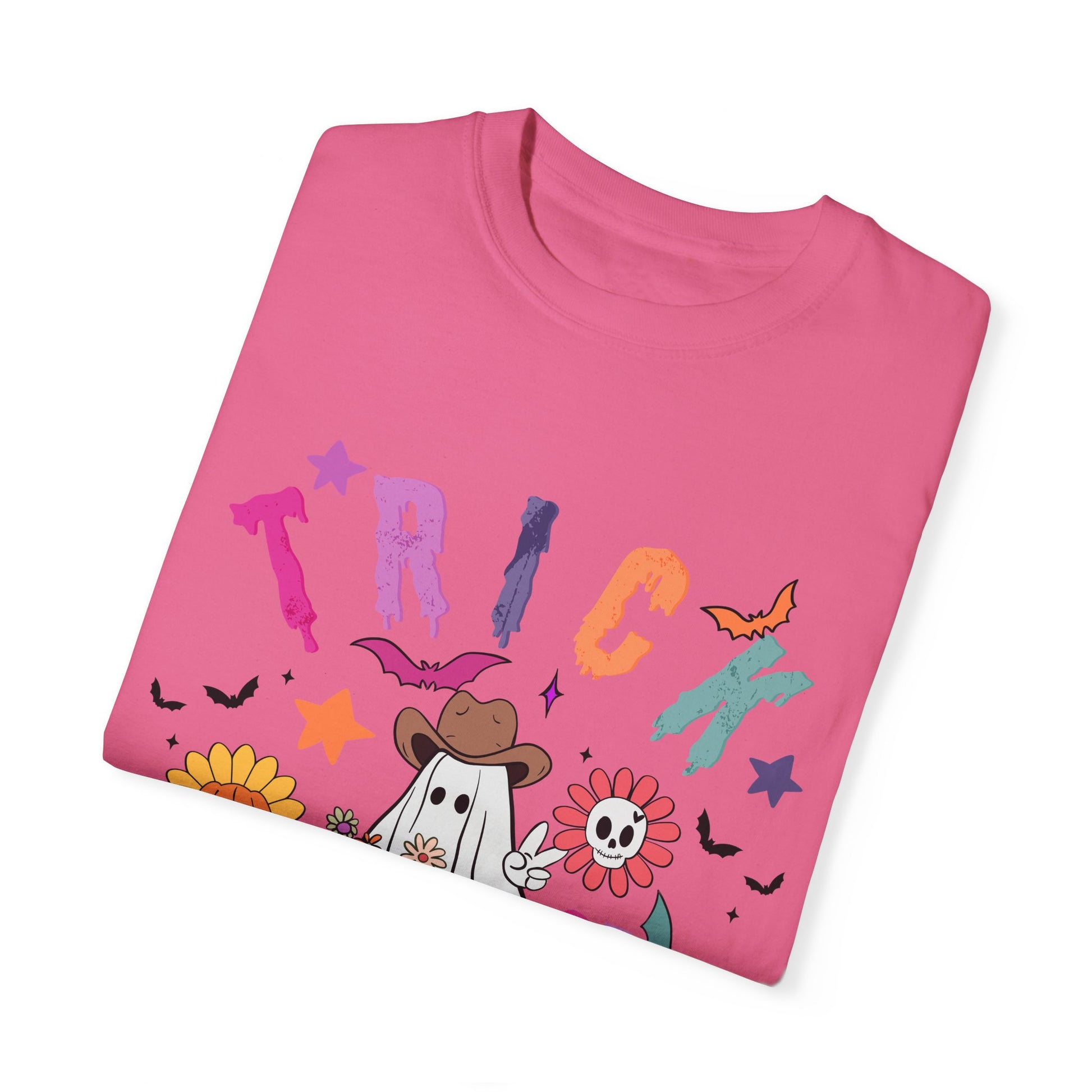 Trick or Treat Cowboy Ghost shirt featuring a playful cowboy ghost design and melty font. Available in unisex sizes S-3XL, this ultra-soft, garment-dyed 100% ring-spun cotton t-shirt is perfect for Halloween celebrations for adults and teens.