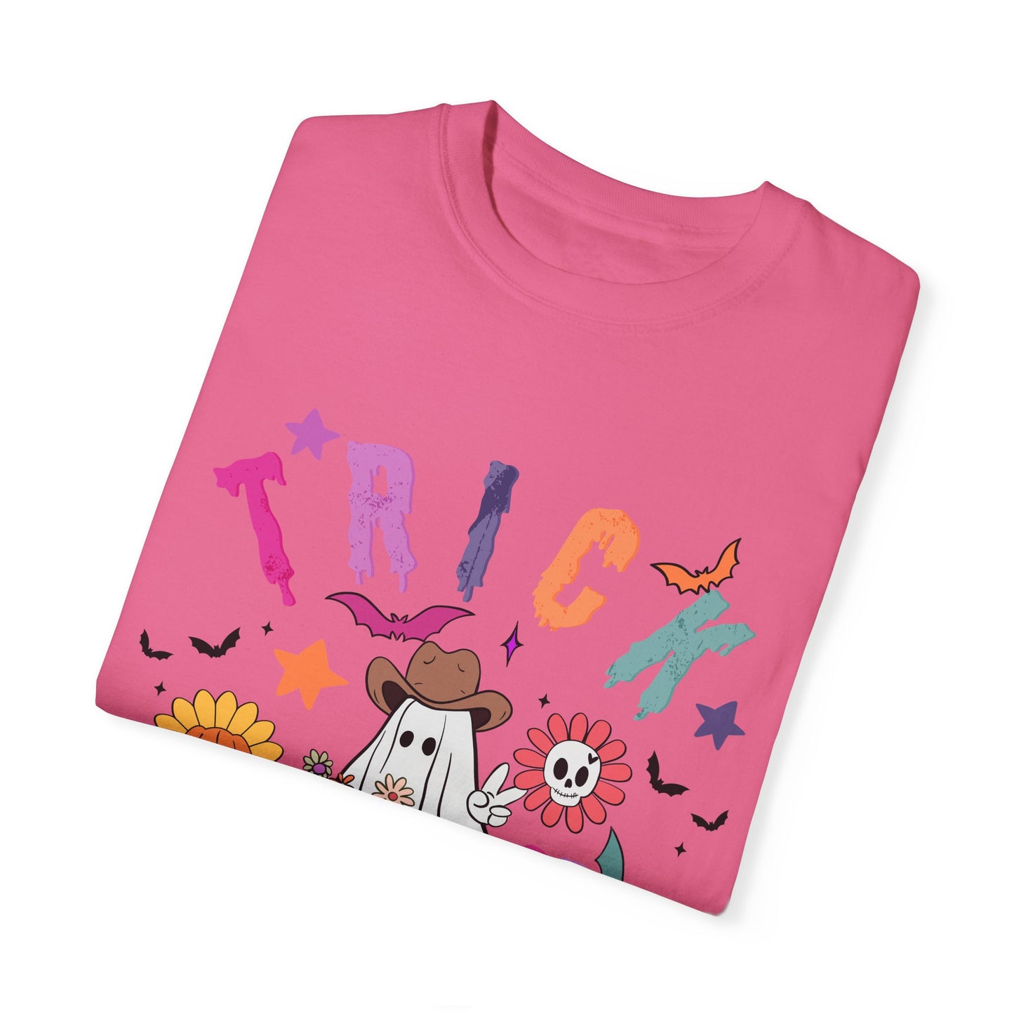 Trick or Treat Cowboy Ghost shirt featuring a playful cowboy ghost design and melty font. Available in unisex sizes S-3XL, this ultra-soft, garment-dyed 100% ring-spun cotton t-shirt is perfect for Halloween celebrations for adults and teens.