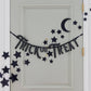 Black glitter star and moon wall décor, featuring 50 shimmering stars and 1 crescent moon, perfect for adding a magical touch to Halloween-themed spaces.