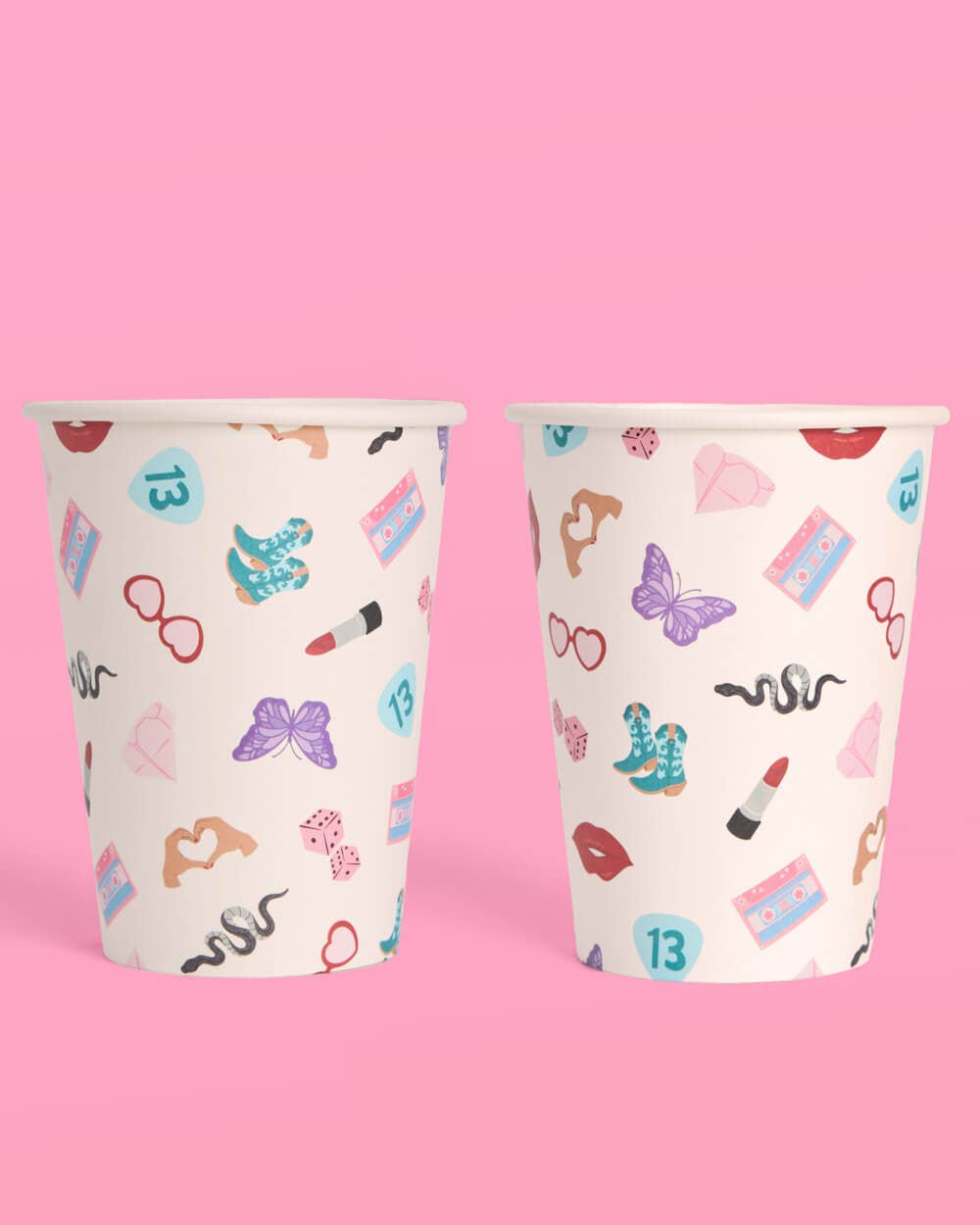 White paper cups with 13, snakes, and butterflies