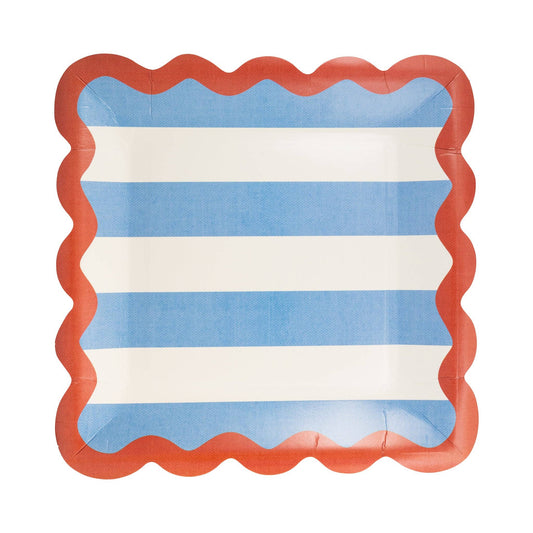 Hamptons striped red, white, and blue plates, 9” x 9”, perfect for 4th of July and Memorial Day.