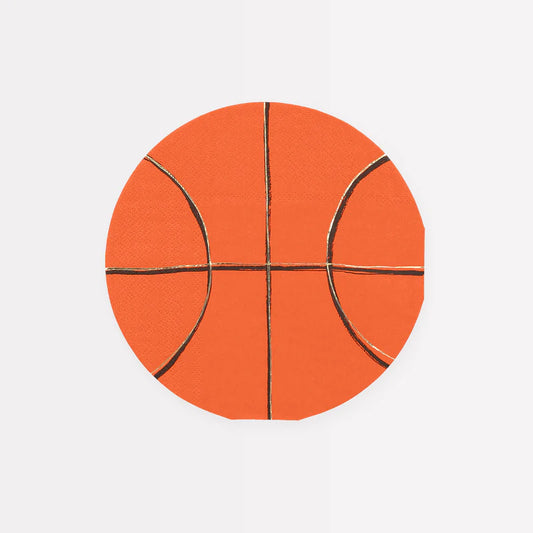 Basketball party napkins with gold foil, pack of 16, 3-ply, folded 6.5 x 6.5 inches