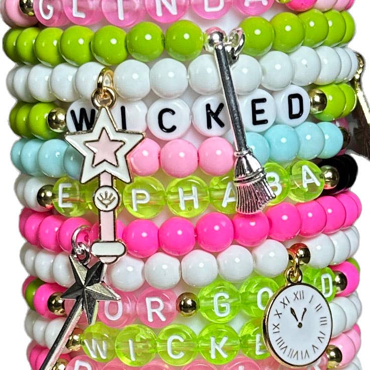 Beaded stretch bracelets displayed as a colorful stack
