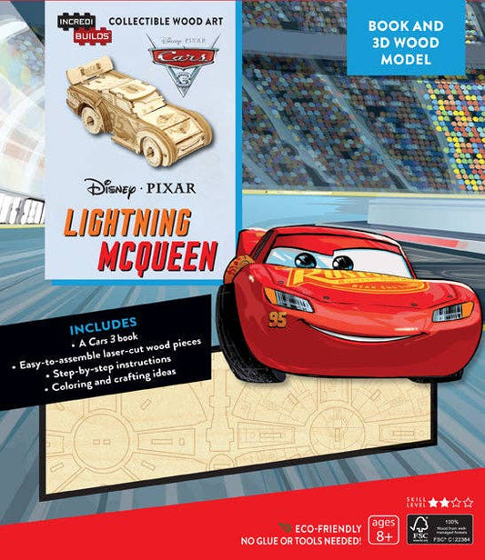 Assembled 3D Lightning McQueen wooden model with Cars 3 activity book and craft materials

