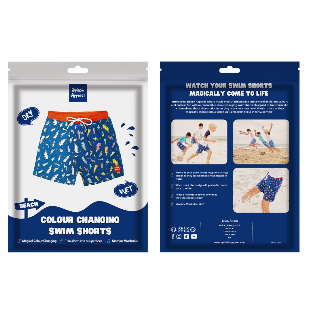 Gift-ready swim shorts with playful packaging
