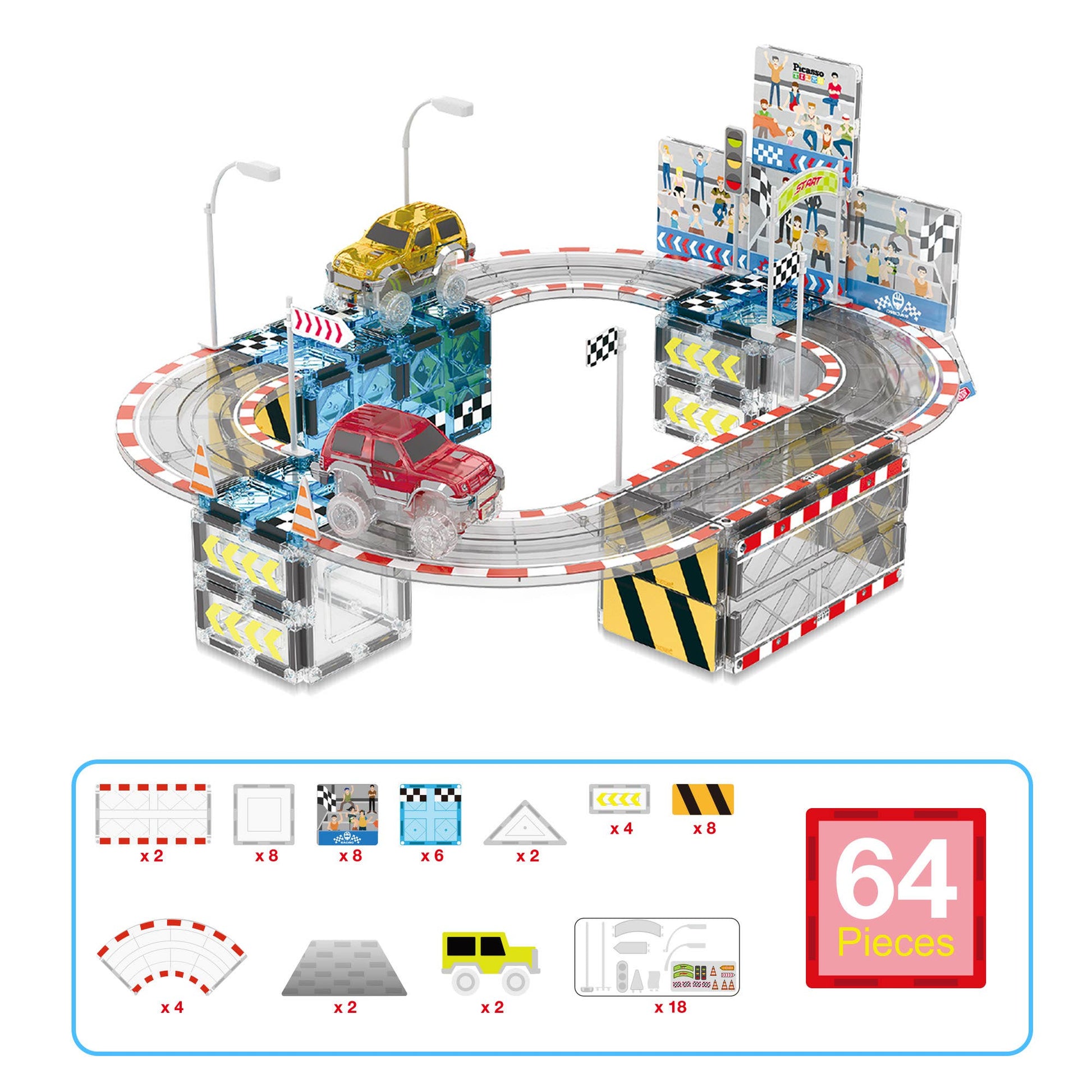 Magnetic race track playset with street sign accessories