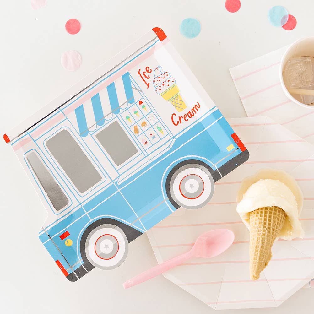 Ice Cream Truck Large Plates with Holographic Silver Foil Detailing, Perfect for Celebrations, Designed by Lindsey Balbierz for Daydream Society, Measuring 8" H x 10.5" L.