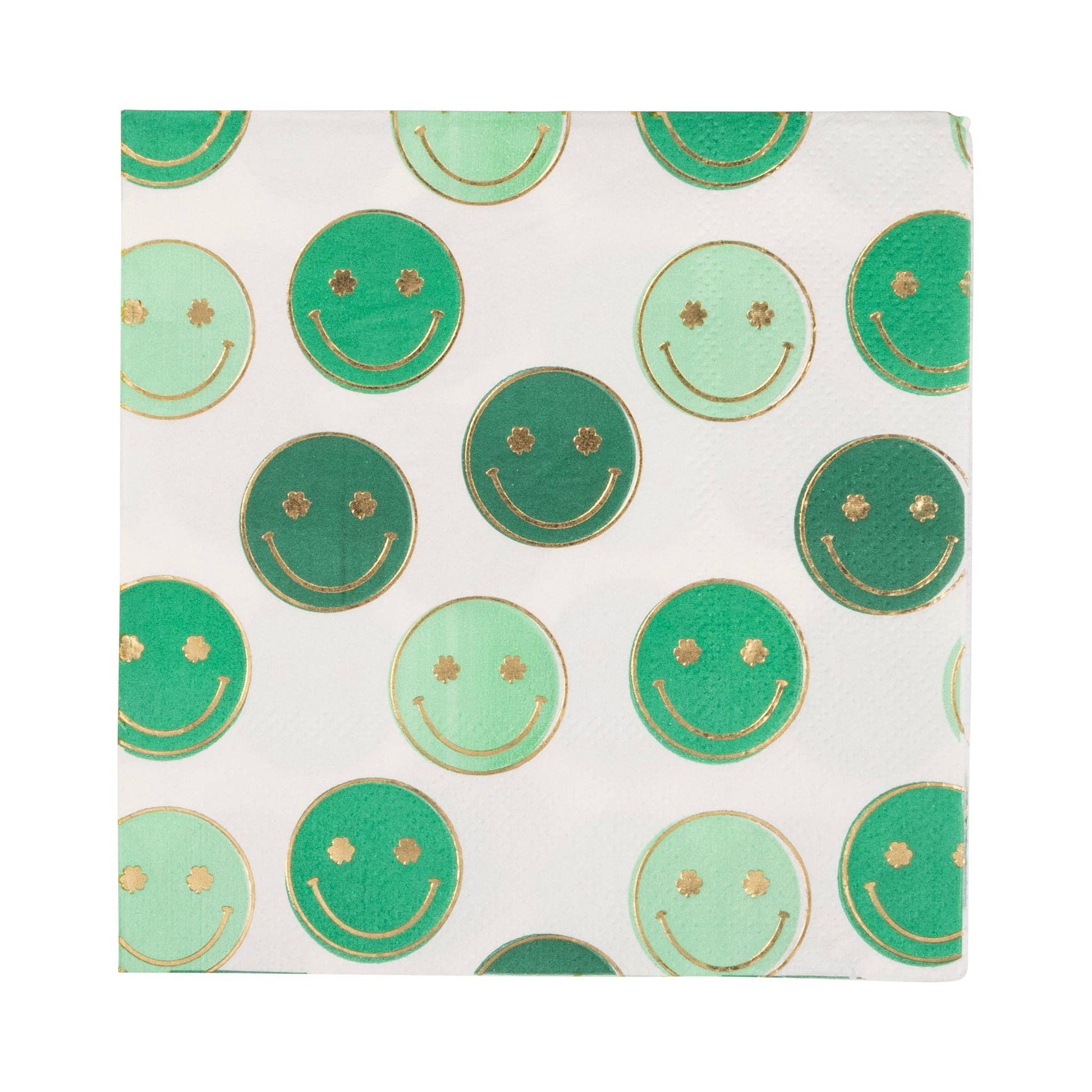 Set of 18 St. Patrick’s Day cocktail napkins – 5"x5" with gold foil smiling shamrocks, festive & fun!