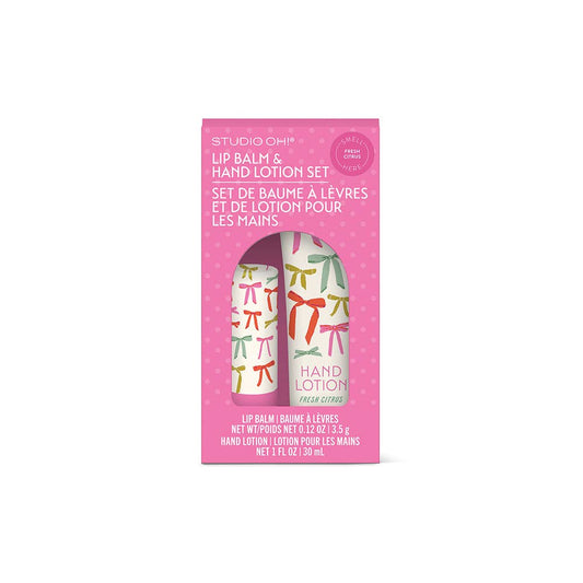 Lip balm and hand lotion gift set in clear reusable pouch