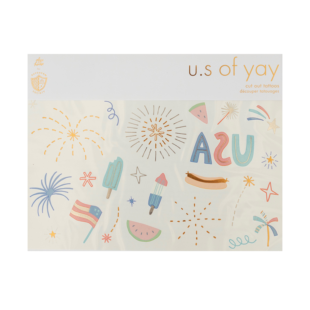 Fourth of July tattoos, cut-out style, packaged in a cute cardstock envelope for gifting.