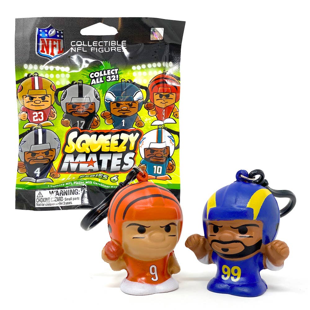 SqueezyMates NFL Series 7 with top star players in squishy Slo-Foam material, carabiner clip, and random collectible figures, including rare exclusives.
