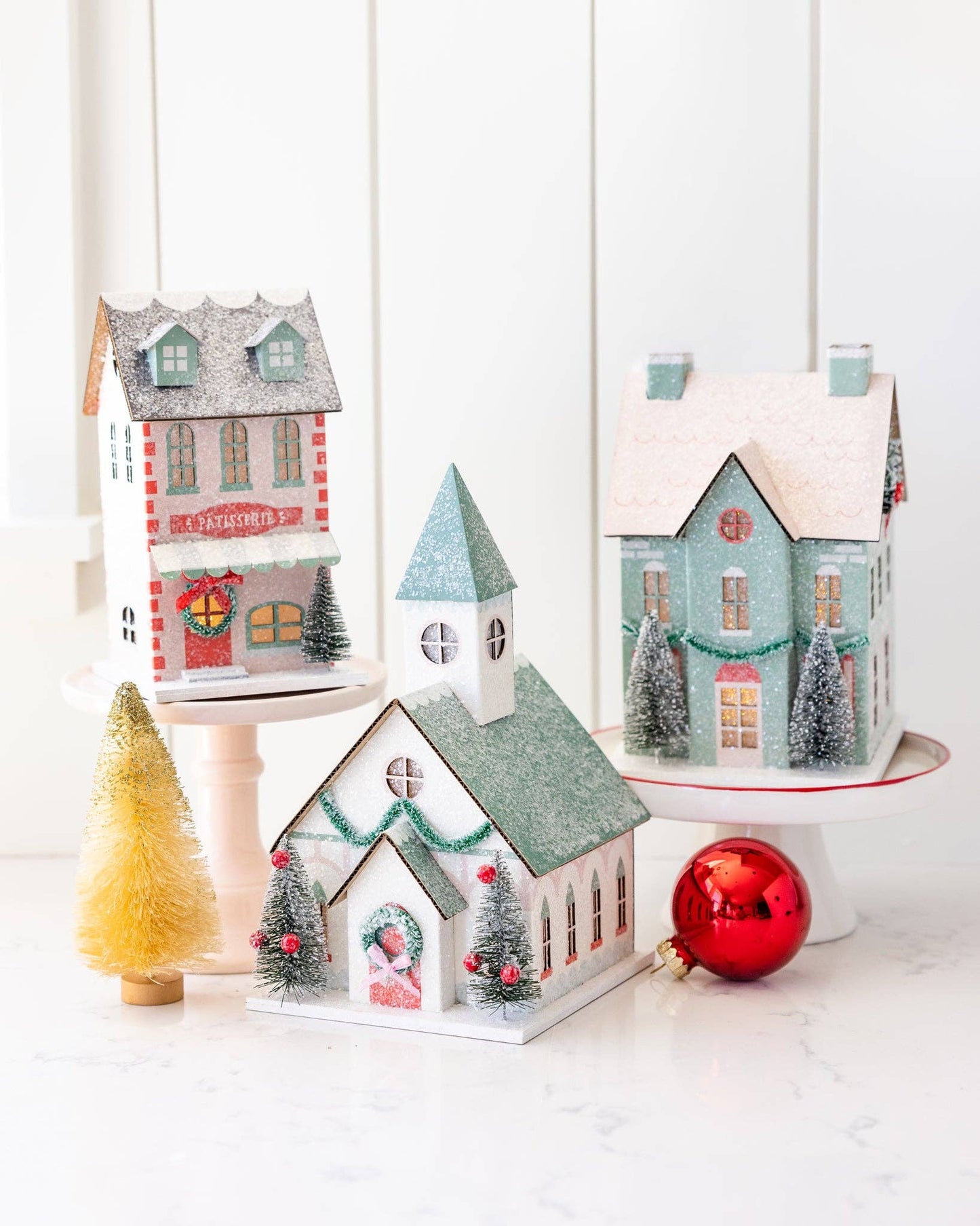 Cozy Christmas house decoration with battery-powered light, perfect for holiday tablescape, 4.5” x 6” size.