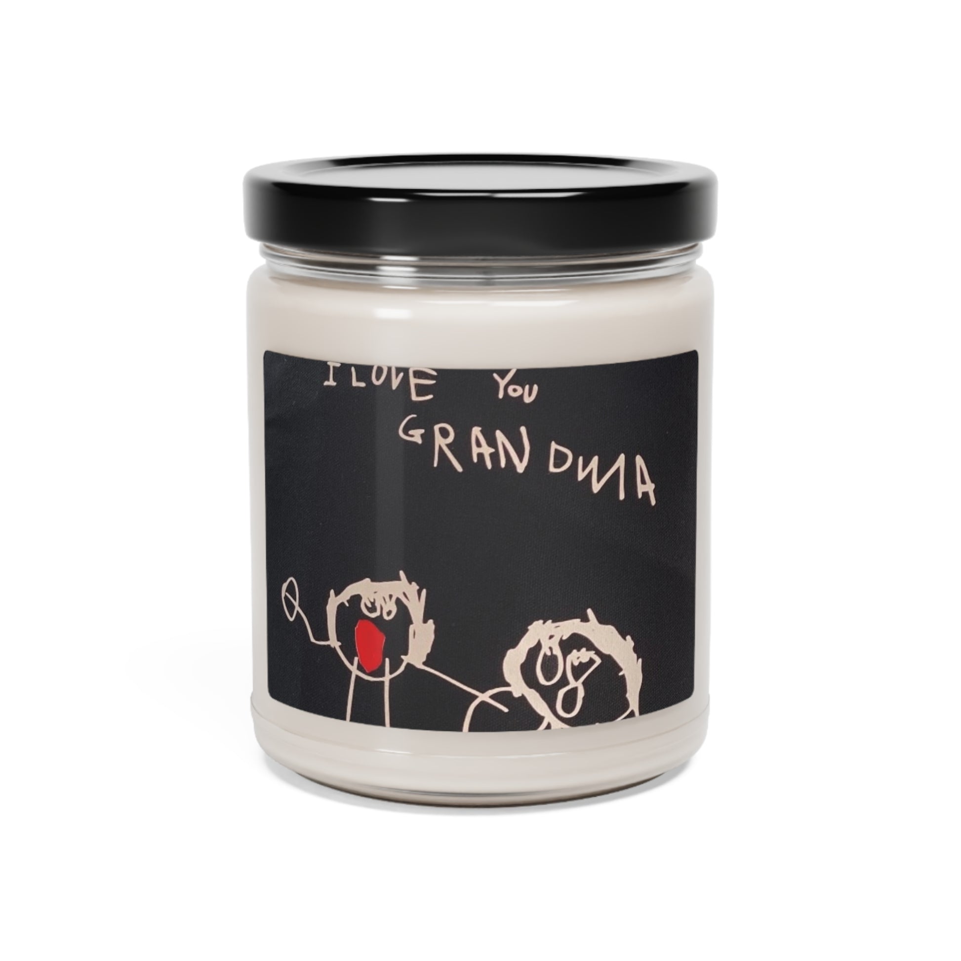 Customizable 9oz scented candle in a glass jar, made with 100% natural soy wax blend and featuring a 100% cotton wick. The candle includes a glossy permanent adhesive label for personalized artwork, available in various aromatic scents and has a burn time of 50-60 hours