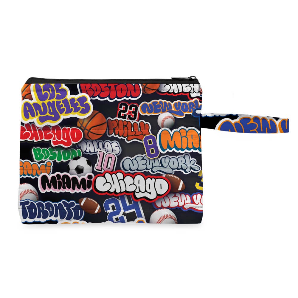 Sports-themed wet swimsuit bag with city print and water-resistant lining
