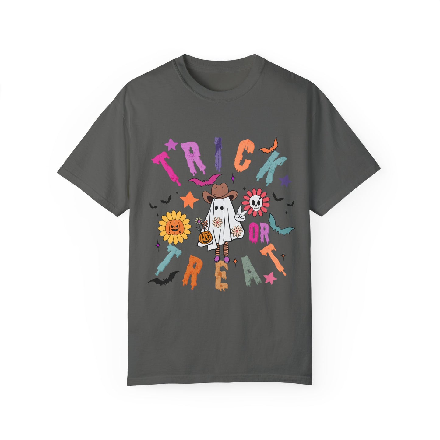 Trick or Treat Cowboy Ghost shirt featuring a playful cowboy ghost design and melty font. Available in unisex sizes S-3XL, this ultra-soft, garment-dyed 100% ring-spun cotton t-shirt is perfect for Halloween celebrations for adults and teens.