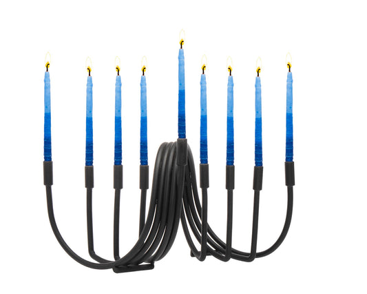 Elegant Godinger Black Swirl Menorah, crafted in India from alternative metal. Features an intricate black swirl design, measuring 12" x 6" x 6" H. A stylish and sophisticated addition to any space, ideal for Chanukah celebrations or as a unique decorative piece."