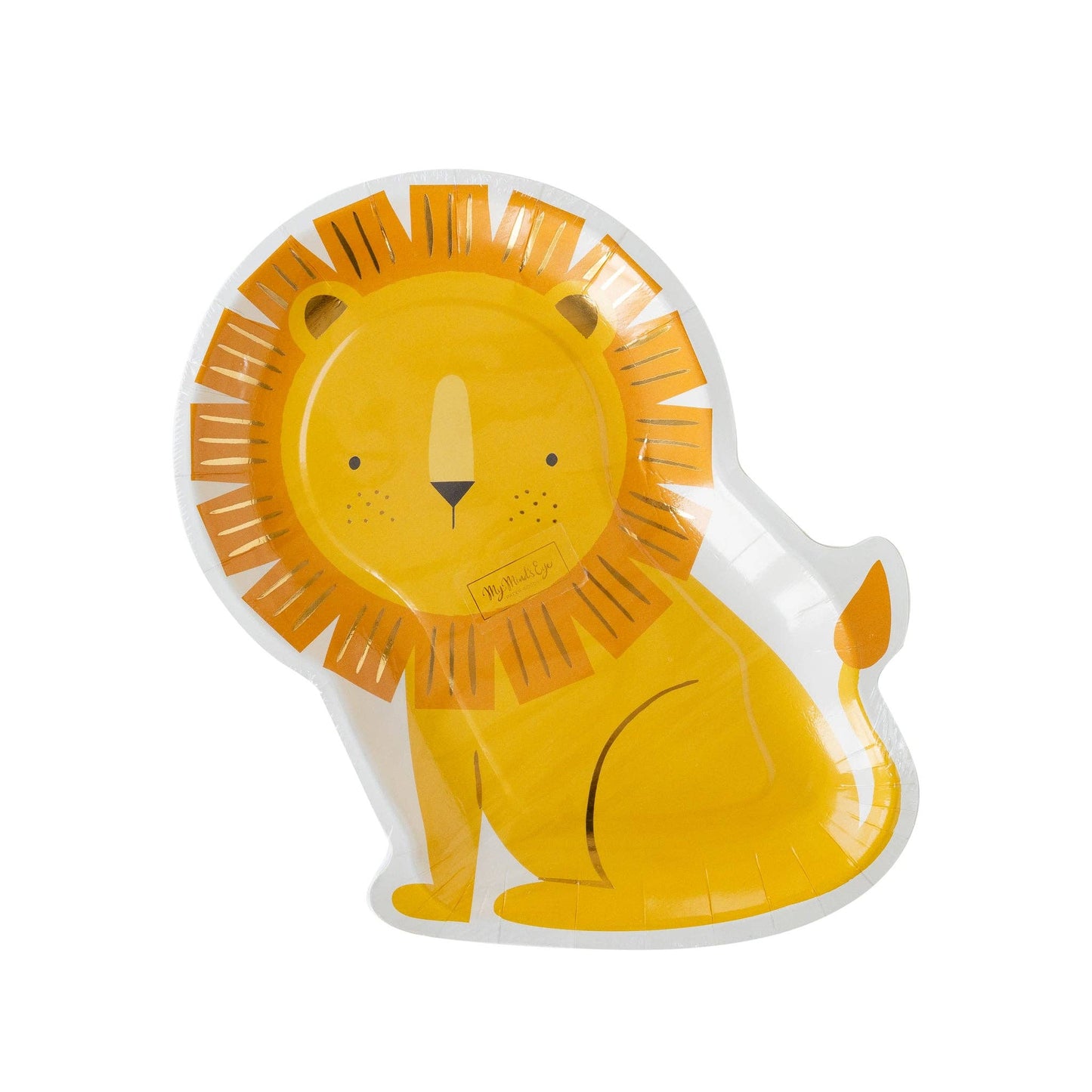 Lion-shaped paper party plates featuring a golden mane with shimmering gold foil accents, perfect for safari or jungle-themed birthday celebrations. Includes 8 plates, approximately 9" wide and 11" tall.