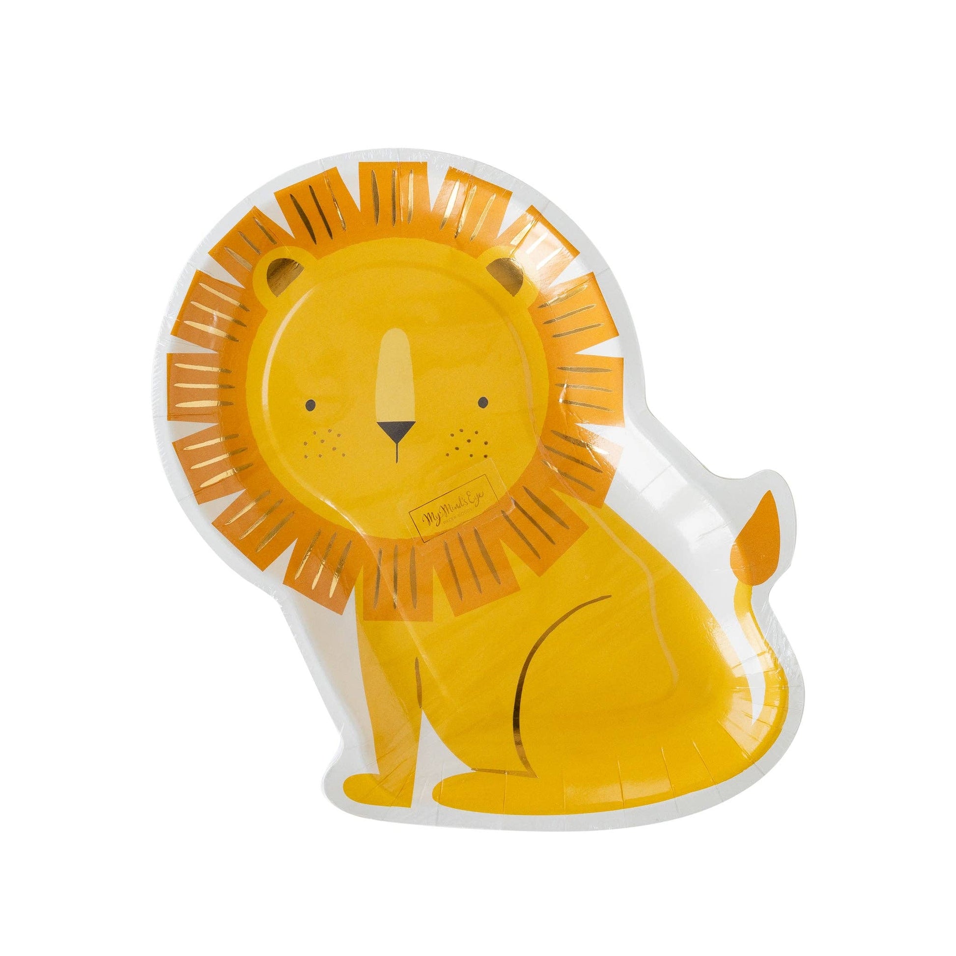 Lion-shaped paper party plates featuring a golden mane with shimmering gold foil accents, perfect for safari or jungle-themed birthday celebrations. Includes 8 plates, approximately 9" wide and 11" tall.
