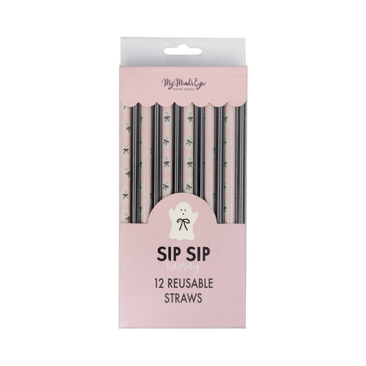 “Sippin’ Spooky” 👻 Pink & Black Ghost Reusable Straws